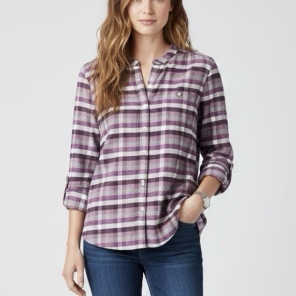 LL Bean Purple Plaid Collarless Cotton‎ Flannel Button Shirt Size LARGE PETITE